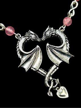 Handmade Kissing Dragons Infinity Pendant Necklace with Pink Jade Stones